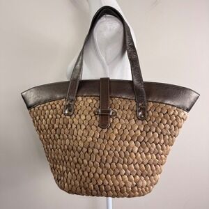 J Crew Woven Straw Tote Bag Metallic Bronze Leather Trim Polka Dot Lining